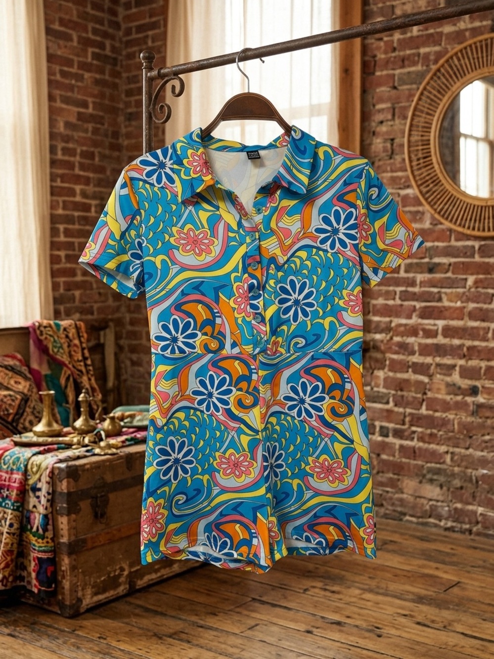 SHEIN Bright Retro Floral Short Sleeve Romper - Blue Multi